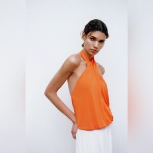 Zara | Orange Draped Halter Top Bodysuit